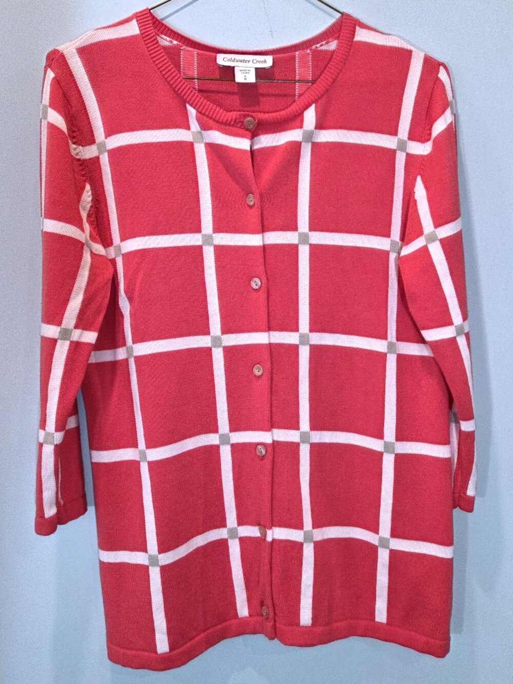 Coldwater Creek Coral White & Beige Cardigan Sweater Size S